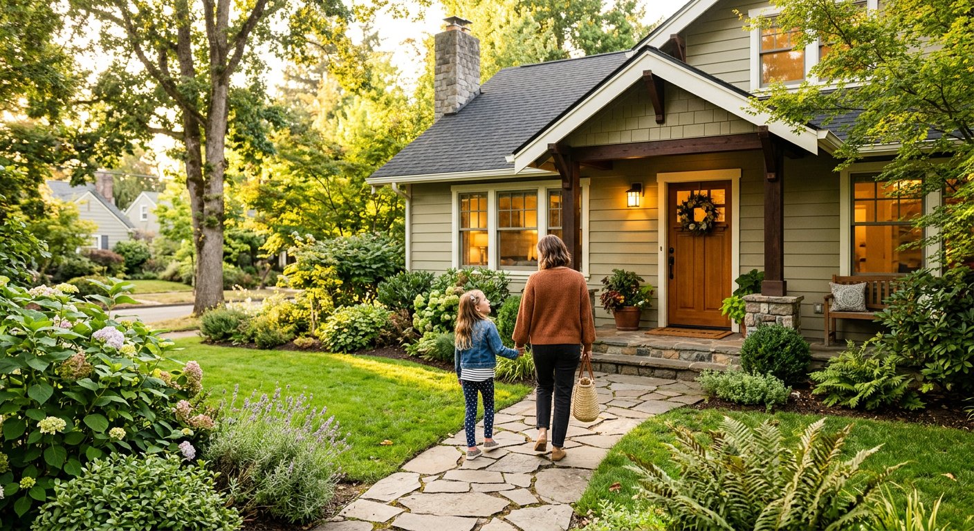 Parent and child walking towards their home in warm light