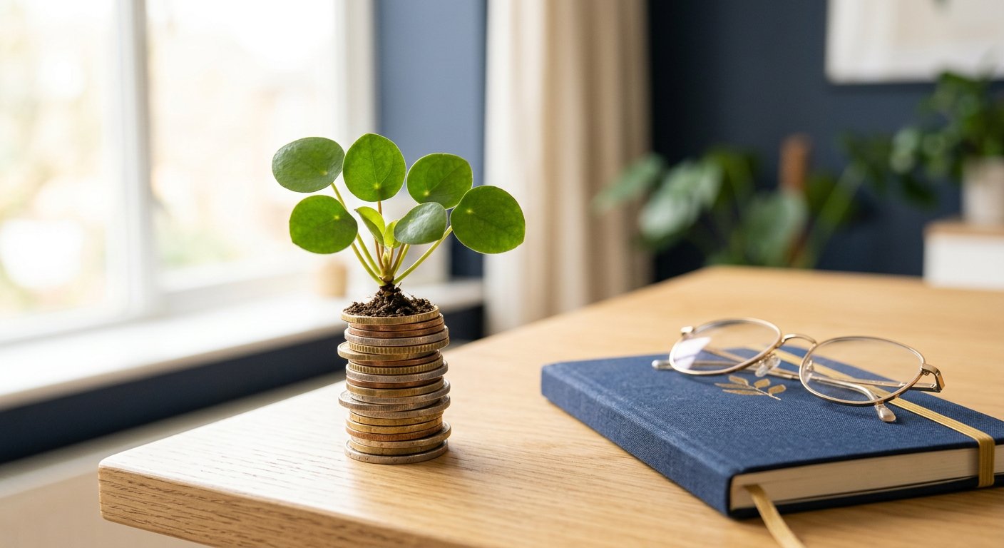 A small plant growing from a stack of coins on a bright desk