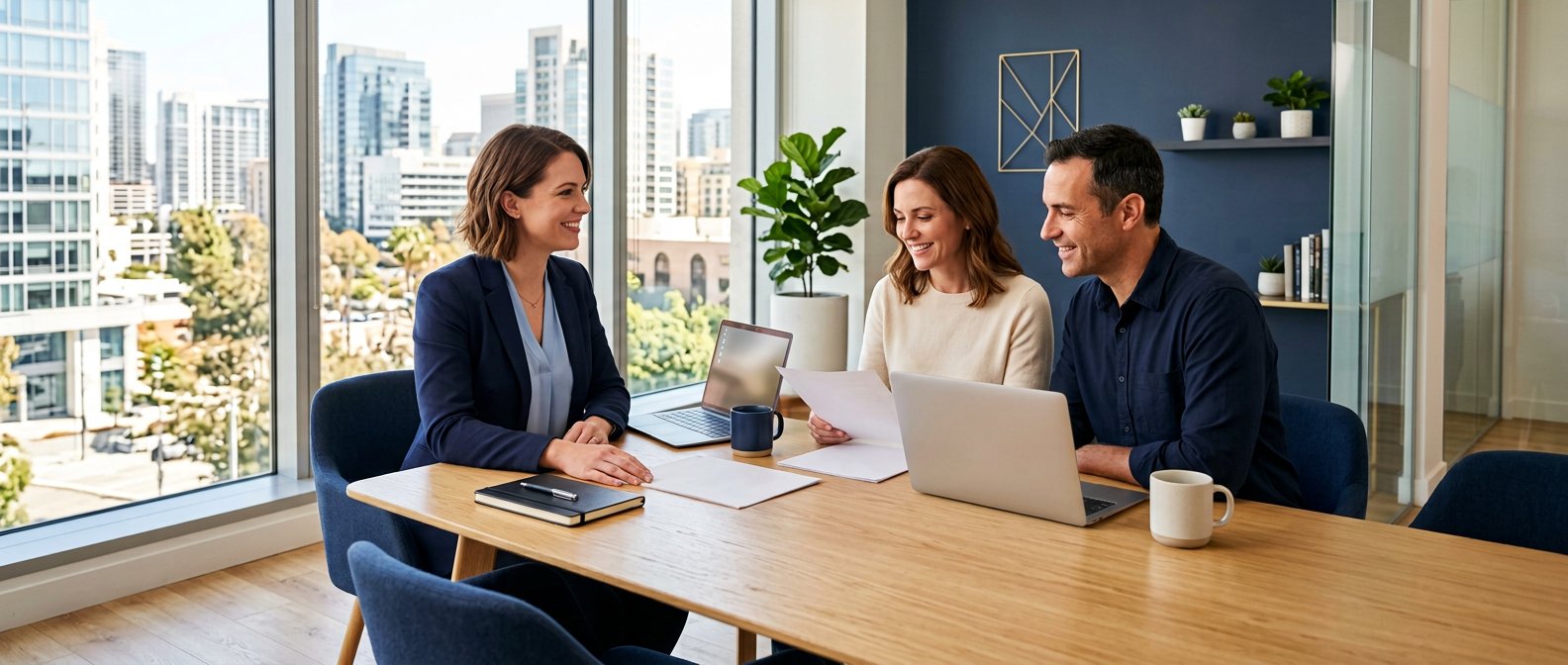 Financial advisor reviewing a plan with clients in a bright office